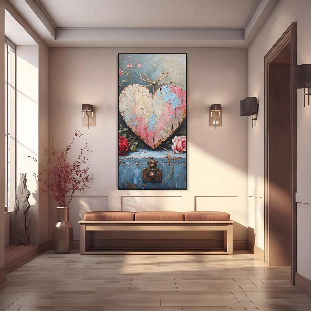 Tablou canvas cu tablou canvas cu inima din lemn si flori, in rama de aluminiu negru
